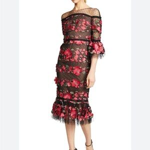 Marchesa Notte Black and Red Floral Appliqué Dress